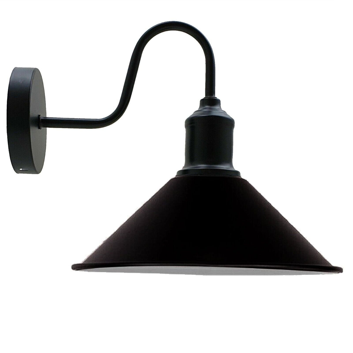 Curved Swan Neck Wall Light Black with Shade - Black, Flat Cone 22 cm Black & White Inner, Without Bulb