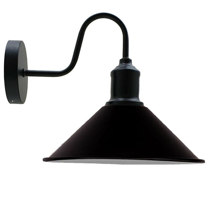 Curved Swan Neck Wall Light Black with Shade - Black, Flat Cone 22 cm Black & White Inner, Without Bulb