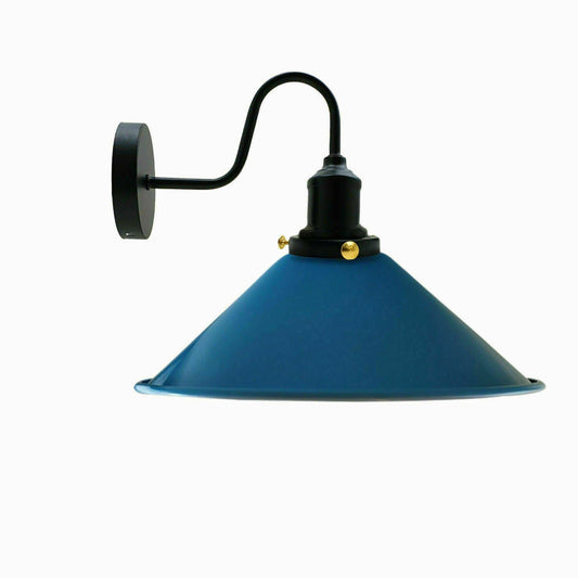 Curved Swan Neck Wall Light Black with Shade - Black, Flat Cone 22 cm Blue 120 mm Rose Shade Ring, Without Bulb