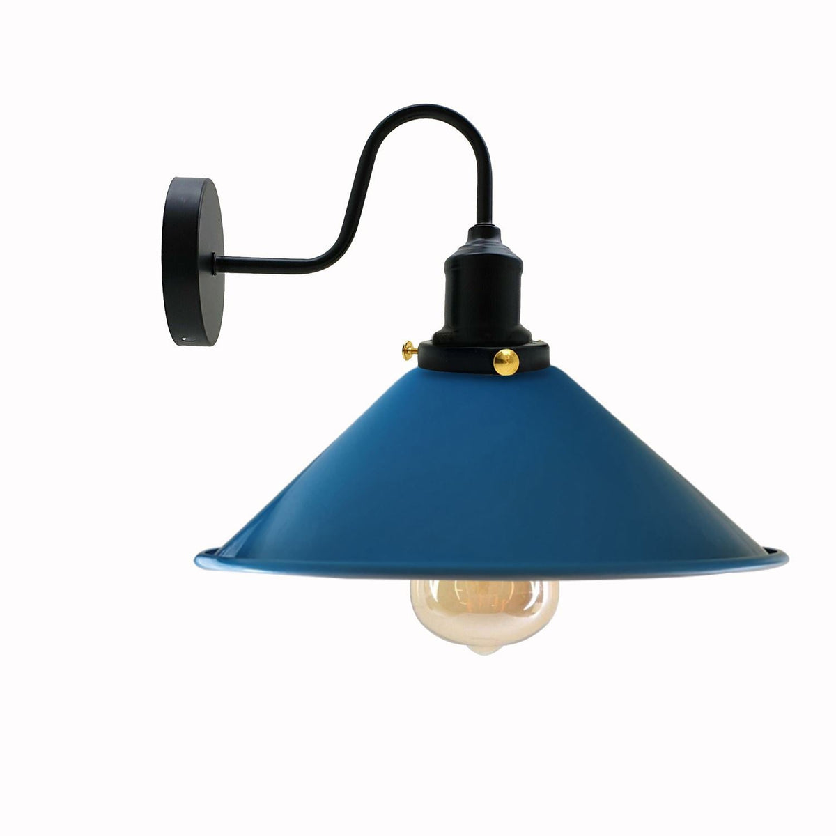 Curved Swan Neck Wall Light Black with Shade - Black, Flat Cone 22 cm Blue Shade Ring, Without Bulb