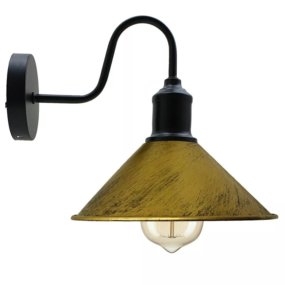 Curved Swan Neck Wall Light Black with Shade - Black, Flat Cone 22 cm Brushed Brass, Without Bulb