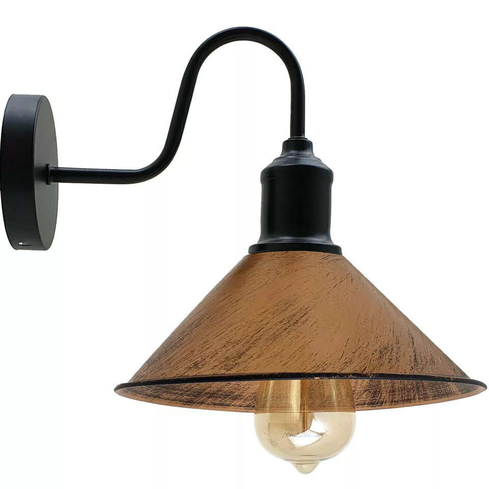 Curved Swan Neck Wall Light Black with Shade - Black, Flat Cone 22 cm Brushed Copper, Without Bulb