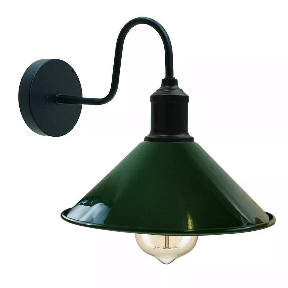 Curved Swan Neck Wall Light Black with Shade - Black, Flat Cone 22 cm Green, Without Bulb