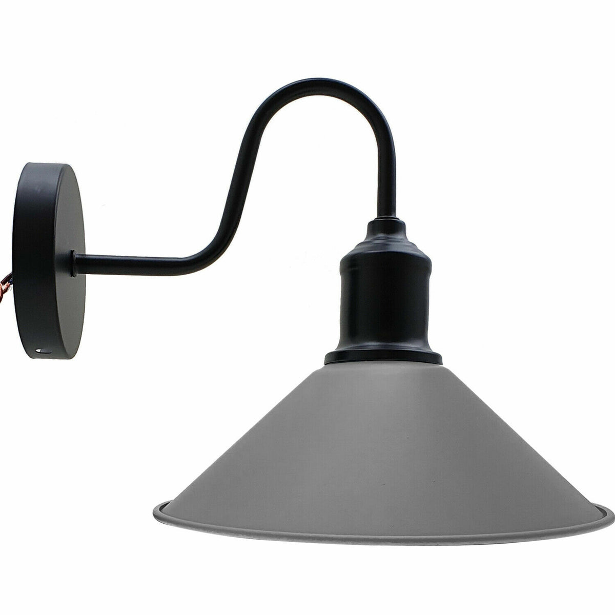 Curved Swan Neck Wall Light Black with Shade - Black, Flat Cone 22 cm Grey, Without Bulb