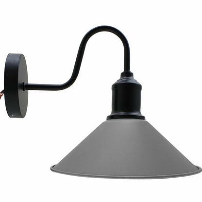 Curved Swan Neck Wall Light Black with Shade - Black, Flat Cone 22 cm Grey, Without Bulb