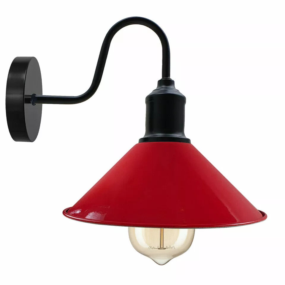 Curved Swan Neck Wall Light Black with Shade - Black, Flat Cone 22 cm Red, Without Bulb