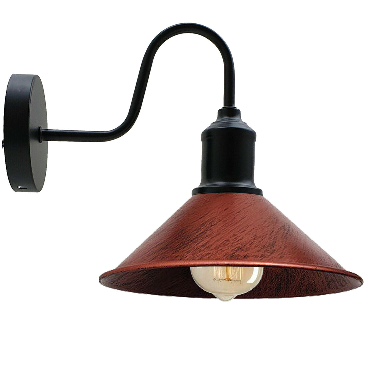 Curved Swan Neck Wall Light Black with Shade - Black, Flat Cone 22 cm Rustic Red, Without Bulb