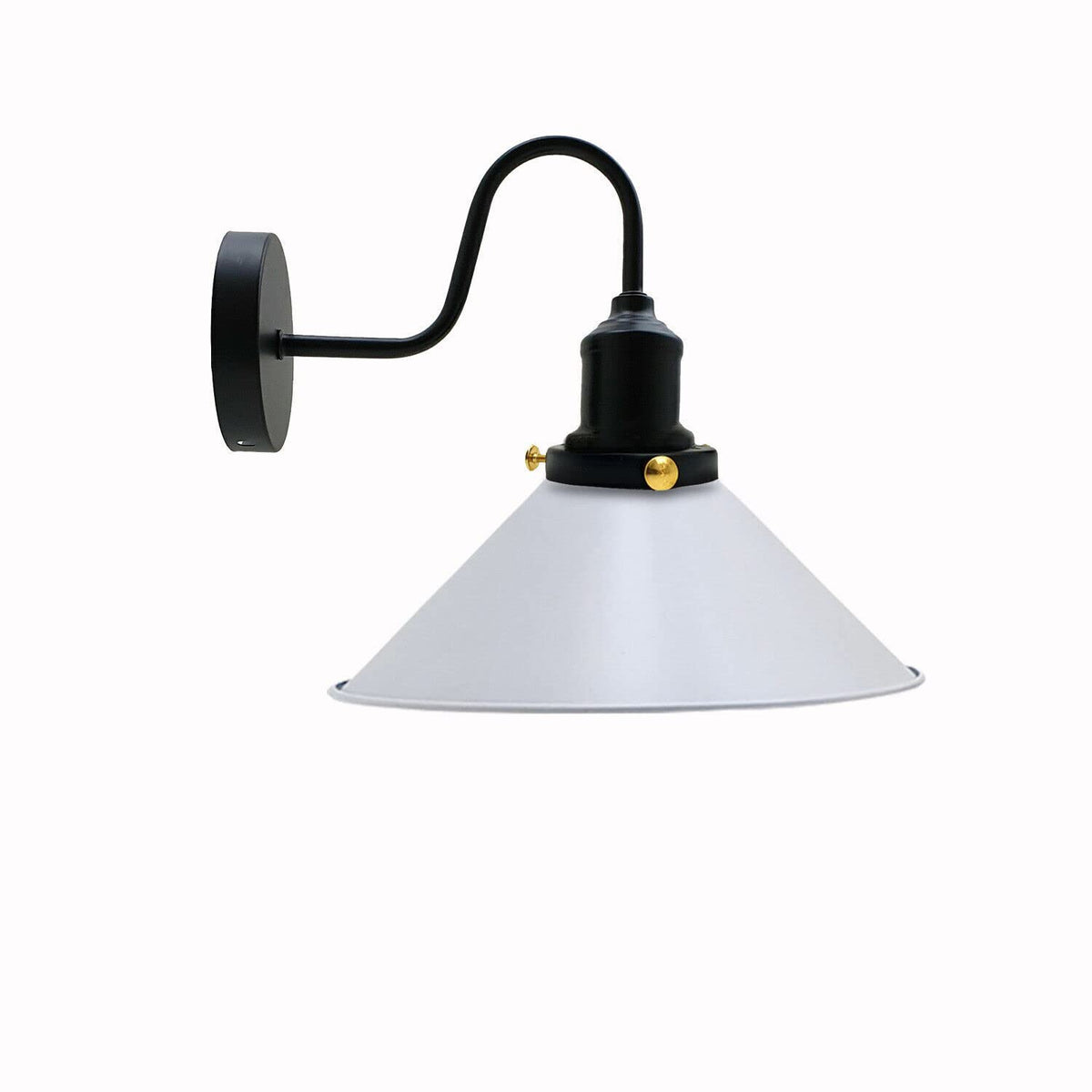 Curved Swan Neck Wall Light Black with Shade - Black, Flat Cone 22 cm White 120 mm Rose Shade Ring, Without Bulb