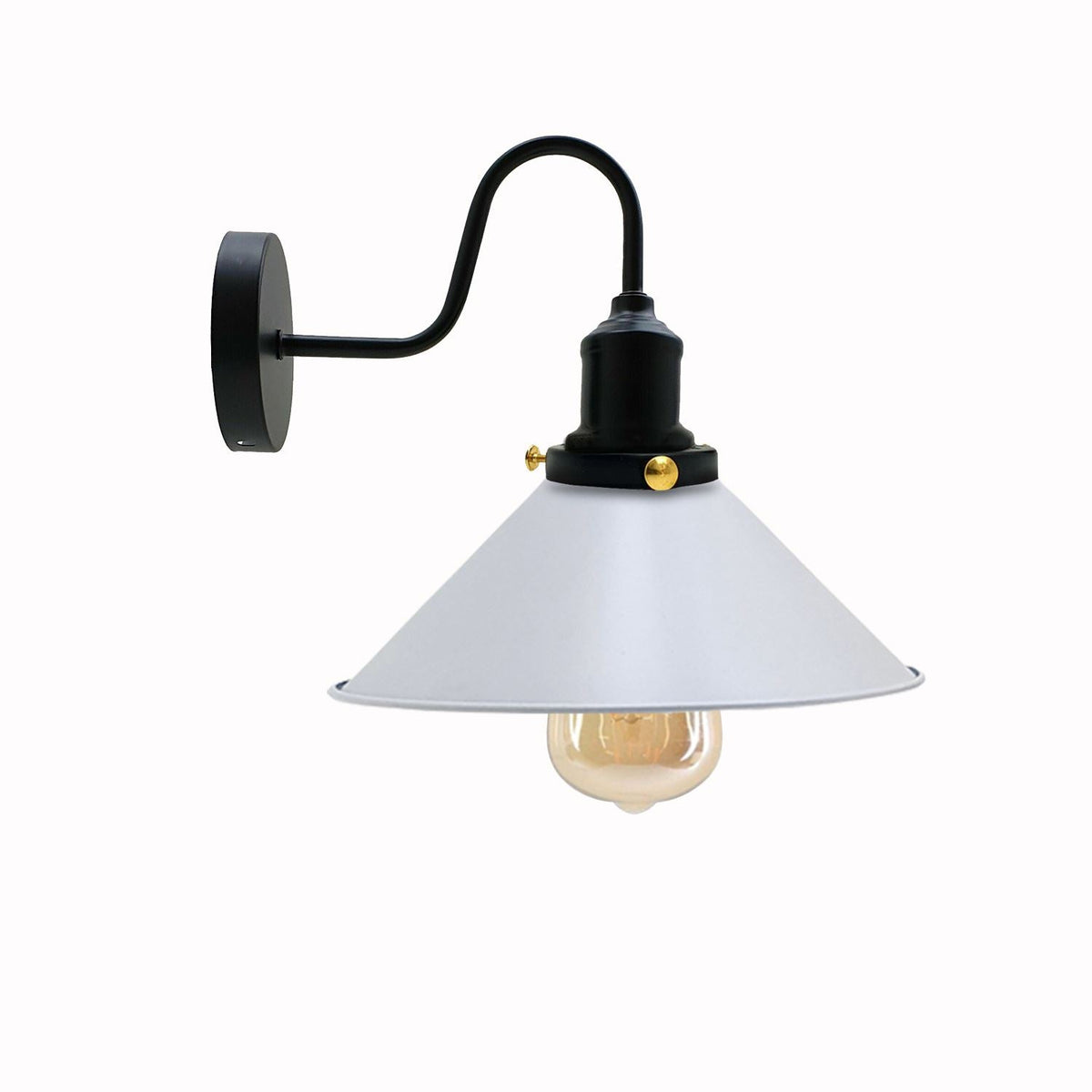 Curved Swan Neck Wall Light Black with Shade - Black, Flat Cone 22 cm White Shade Ring, Without Bulb