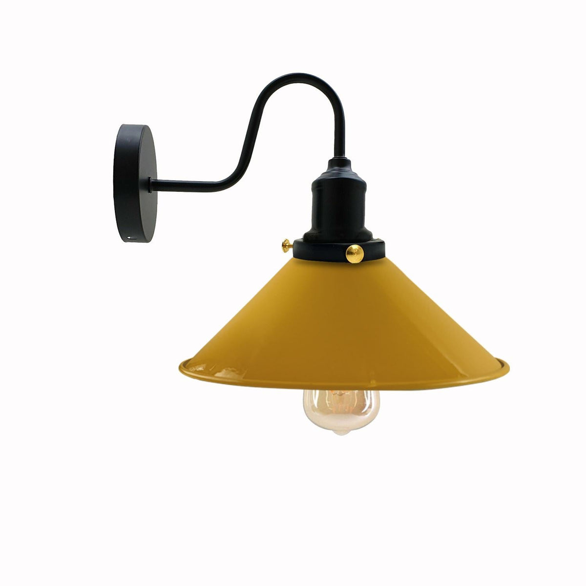 Curved Swan Neck Wall Light Black with Shade - Black, Flat Cone 22 cm Yellow Shade Ring, Without Bulb
