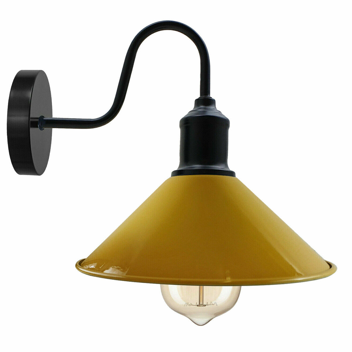 Curved Swan Neck Wall Light Black with Shade - Black, Flat Cone 22 cm Yellow, Without Bulb