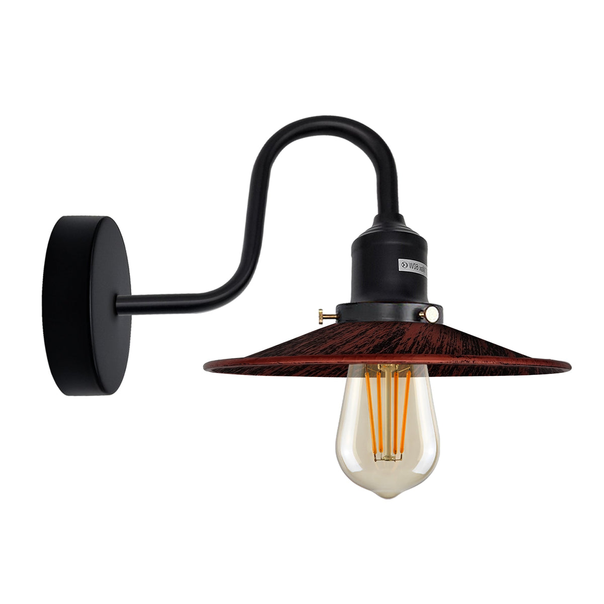 Curved Swan Neck Wall Light Black with Shade - Black, Flat Rustic Red, Without Bulb