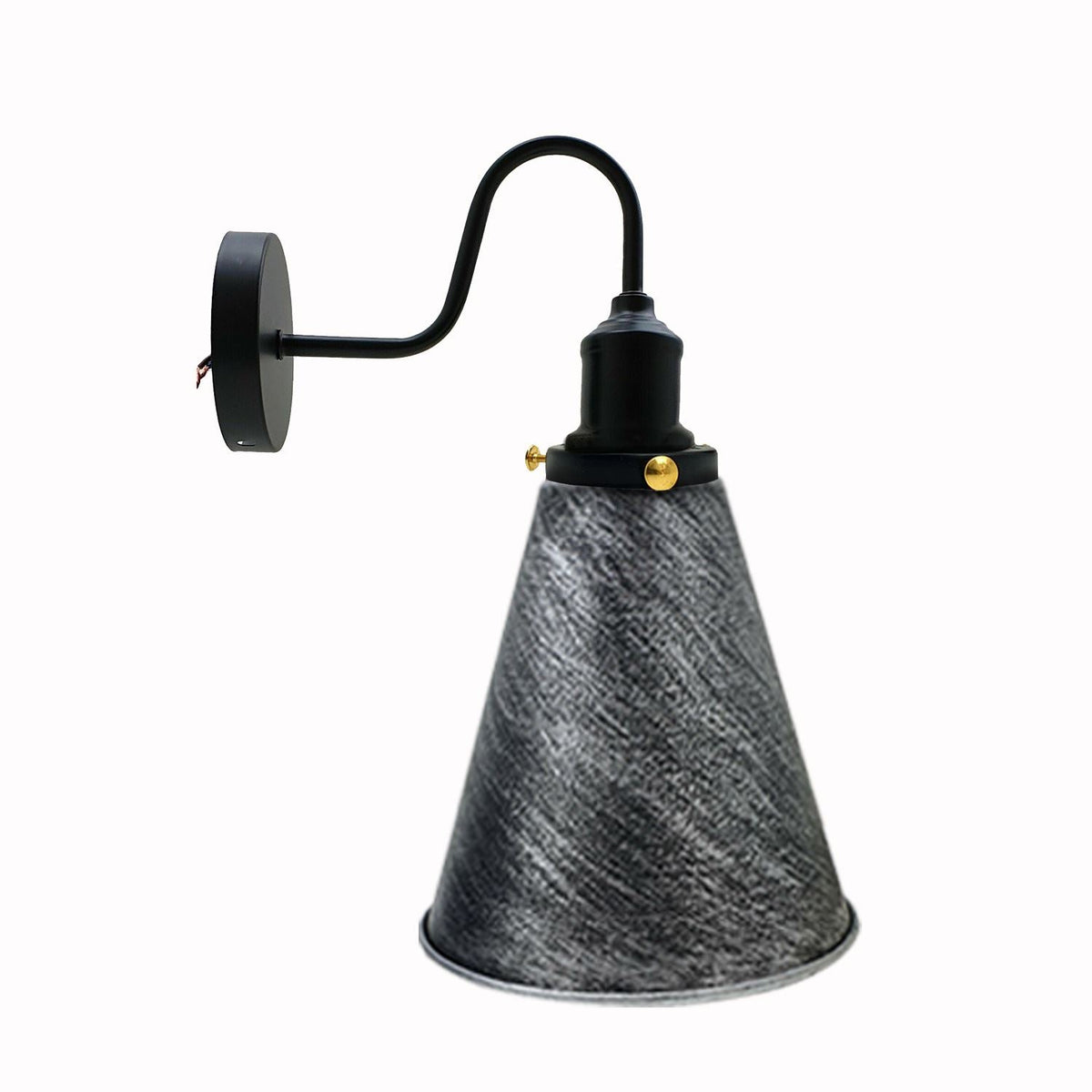 Curved Swan Neck Wall Light Black with Shade - Black, Long Cone 18 cm Brushed Silver, Without Bulb