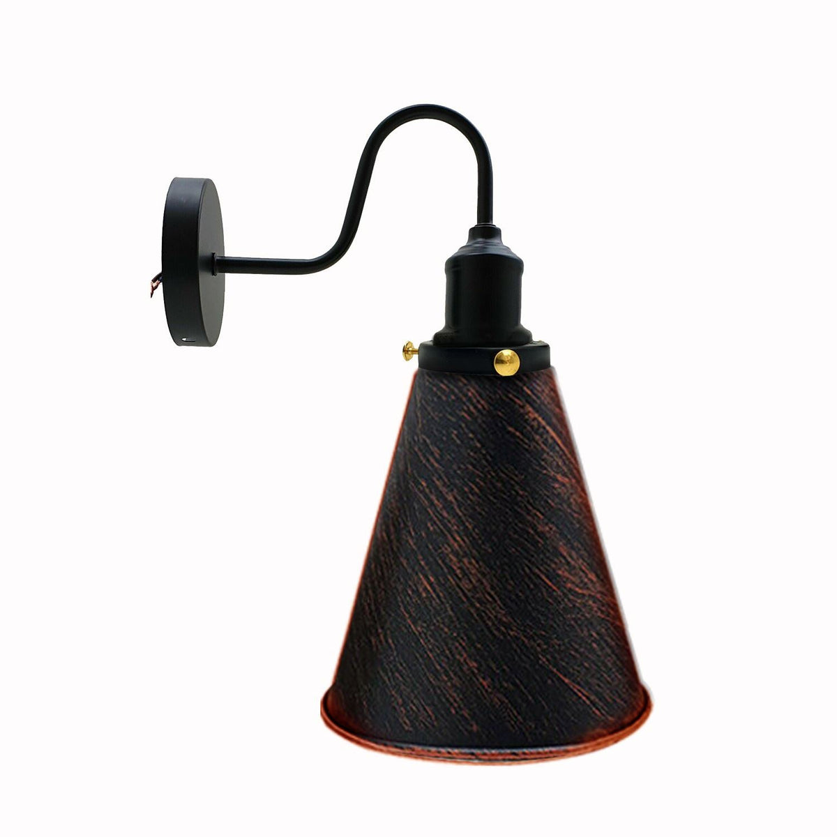 Curved Swan Neck Wall Light Black with Shade - Black, Long Cone 18 cm Rustic Red, Without Bulb