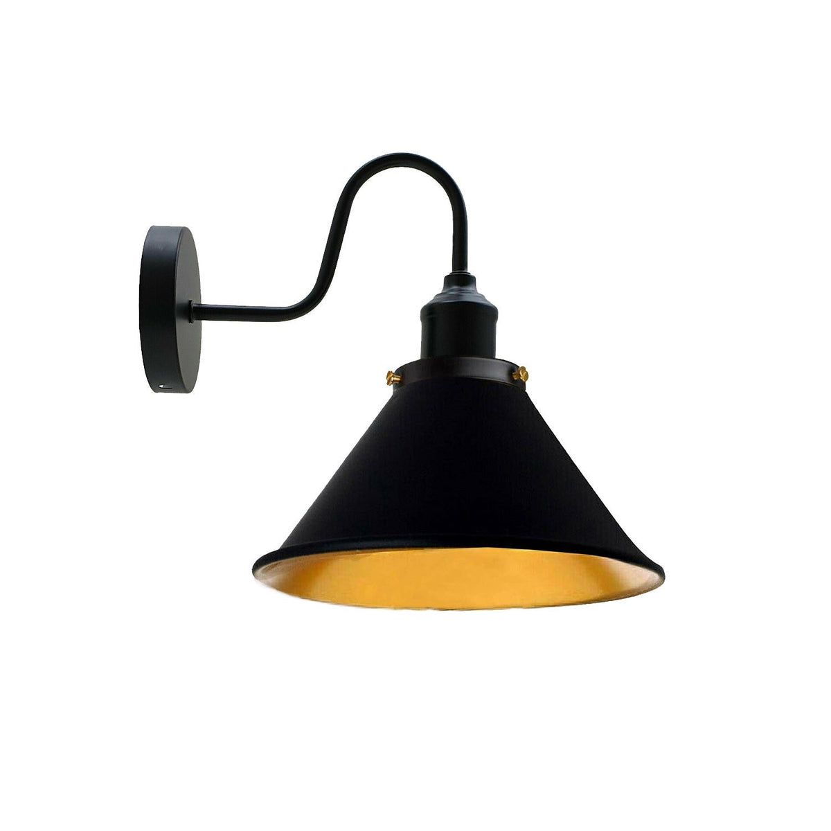 Curved Swan Neck Wall Light Black with Shade - Black, Small Cone 18 cm Black & Gold, Without Bulb
