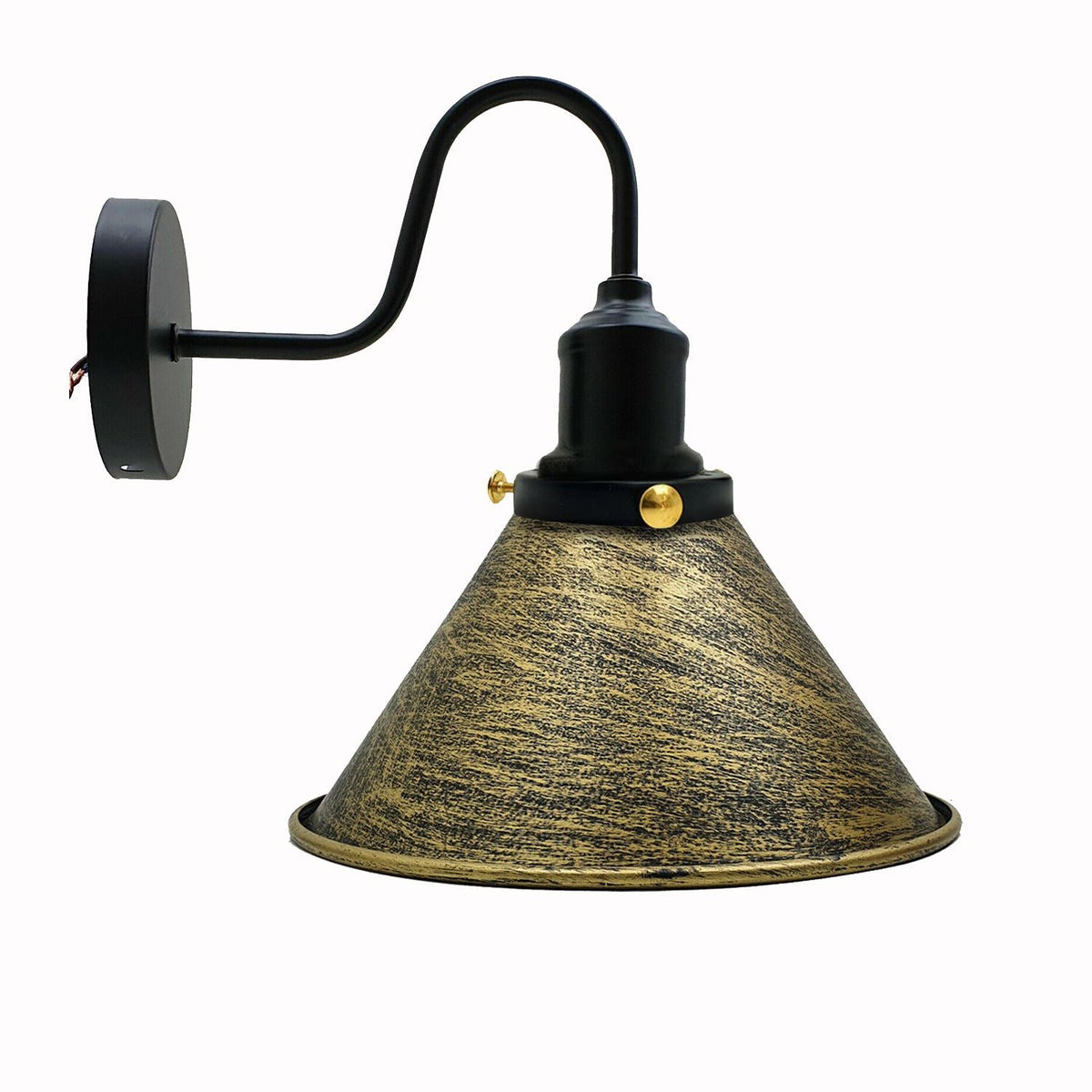 Curved Swan Neck Wall Light Black with Shade - Black, Small Cone 18 cm Brushed Brass, Without Bulb