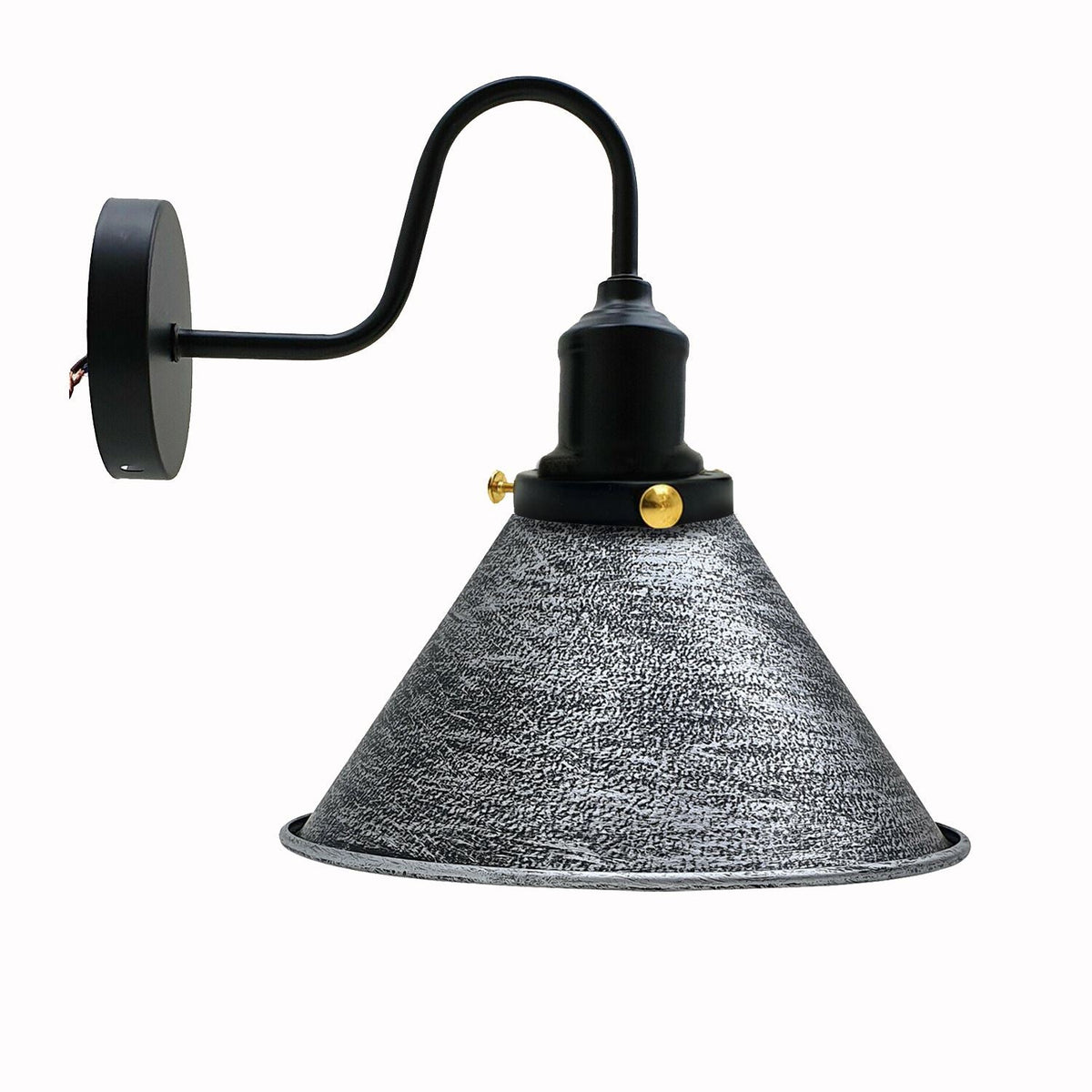 Curved Swan Neck Wall Light Black with Shade - Black, Small Cone 18 cm Brushed Silver, Without Bulb