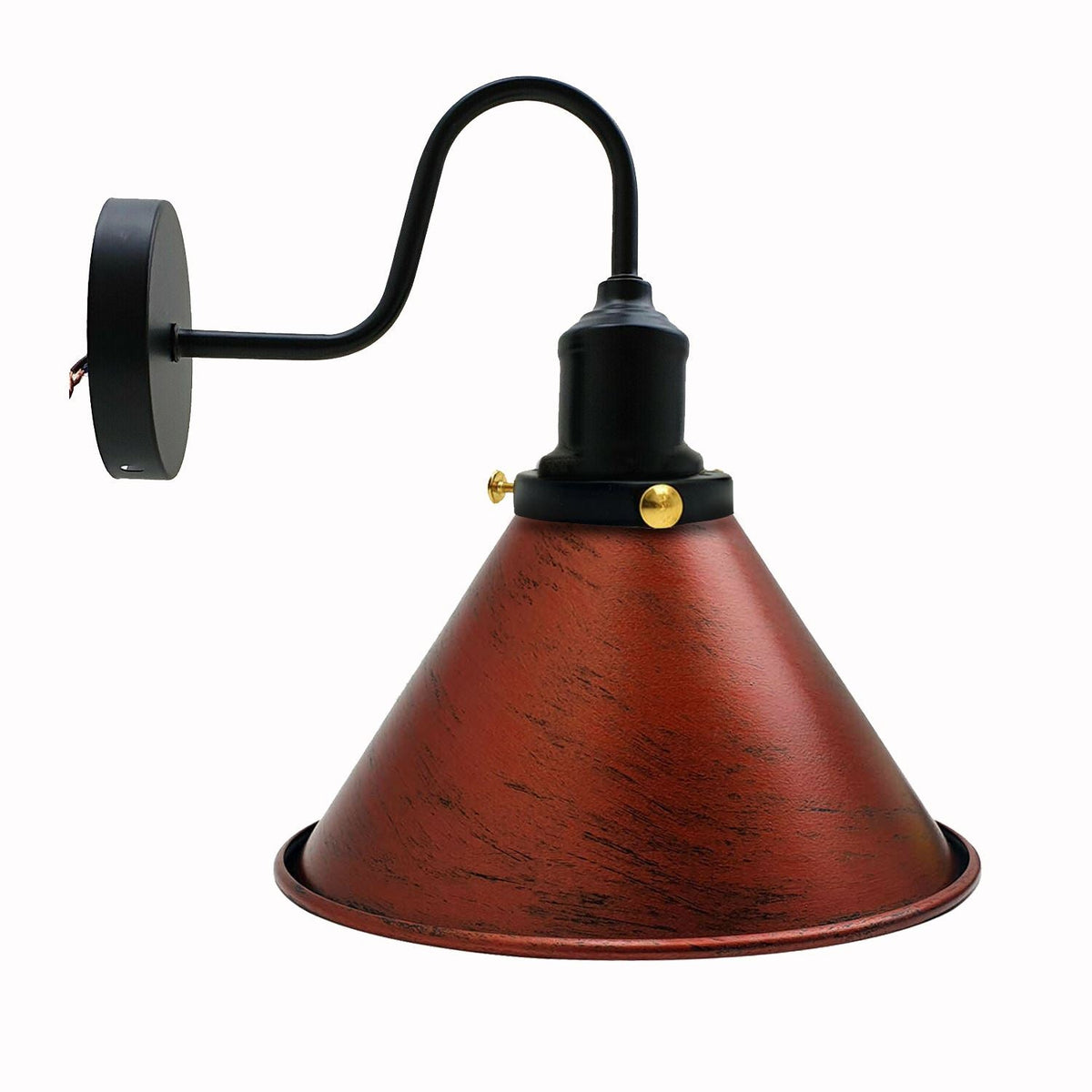 Curved Swan Neck Wall Light Black with Shade - Black, Small Cone 18 cm Rustic Red, Without Bulb