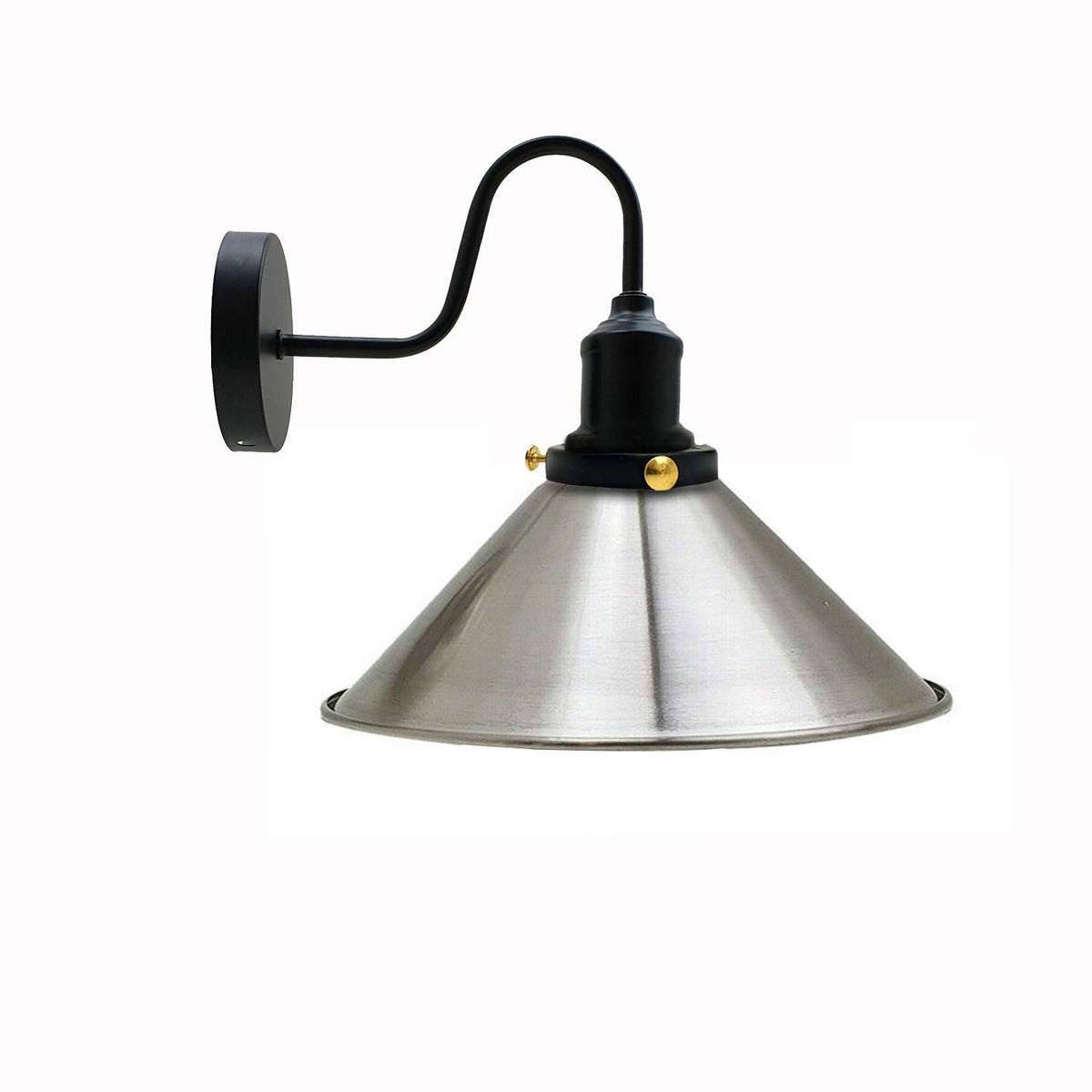Curved Swan Neck Wall Light Black with Shade - Black, Small Cone 22 cm Satin Nickel, Without Bulb