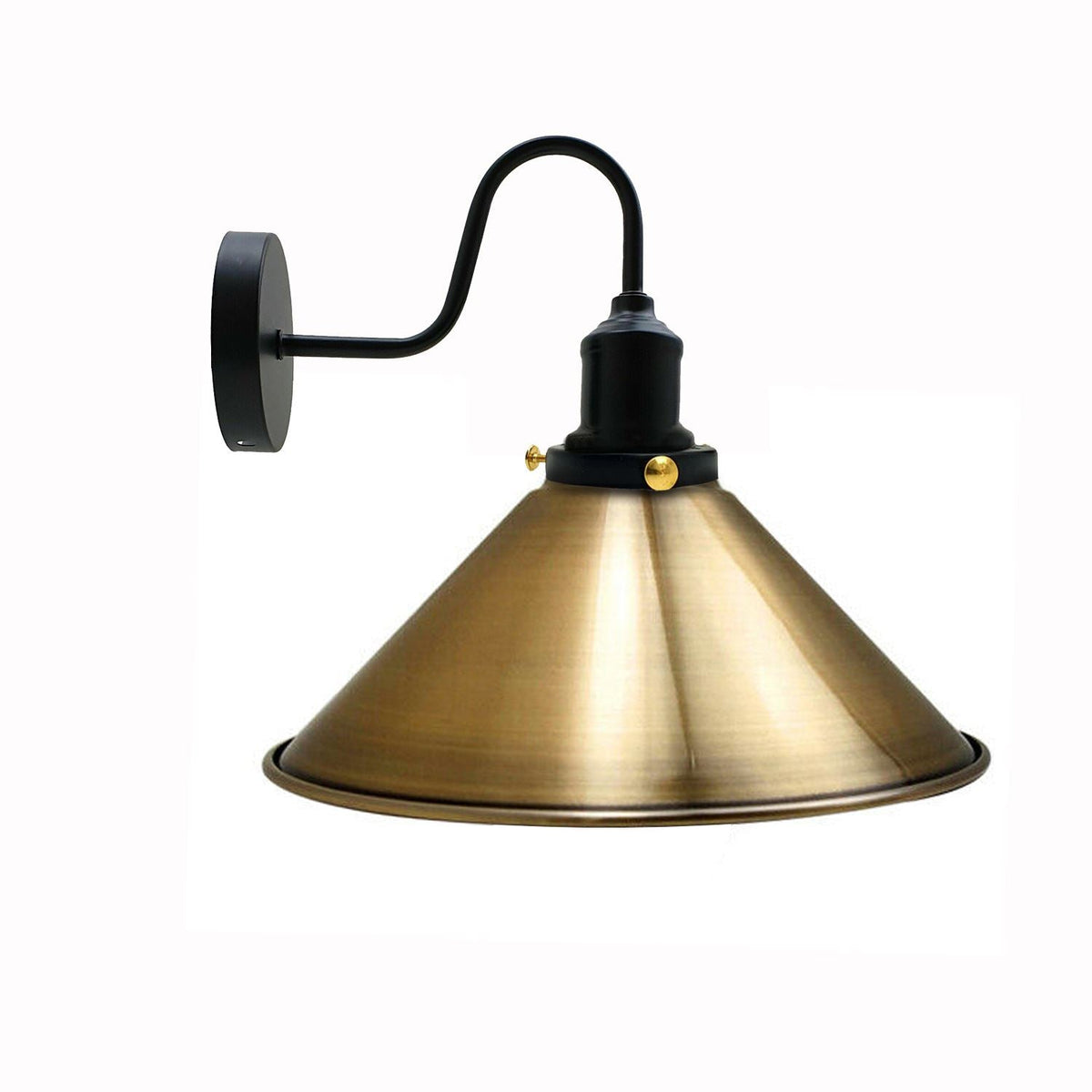 Curved Swan Neck Wall Light Black with Shade - Black, Small Cone 22 cm Yellow Brass, Without Bulb