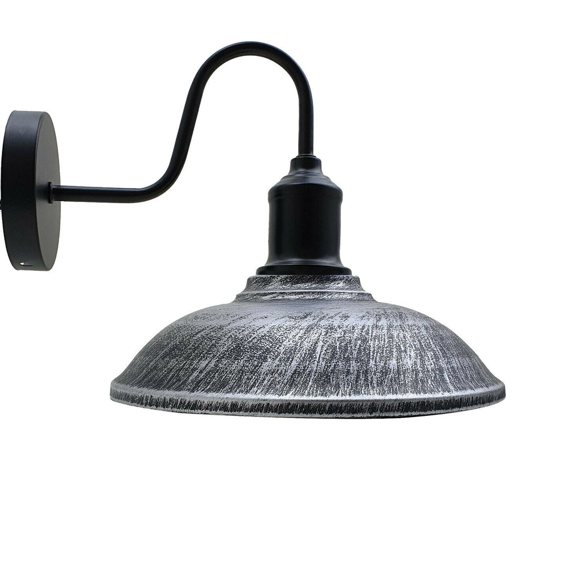 Curved Swan Neck Wall Light Black with Shade - Black, Vintage 24 cm Brushed Silver, Without Bulb