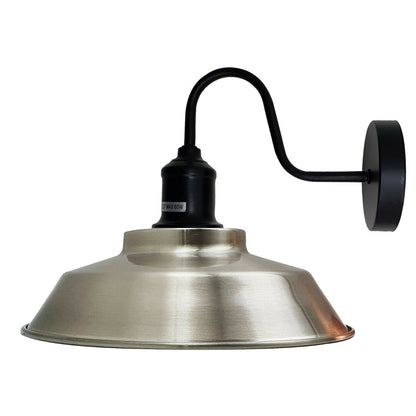 Curved Swan Neck Wall Light Black with Shade - Black, Vintage Dome 22 cm Satin Nickel, Without Bulb