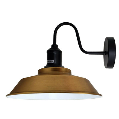 Curved Swan Neck Wall Light Black with Shade - Black, Vintage Dome 22 cm Yellow Brass, Without Bulb