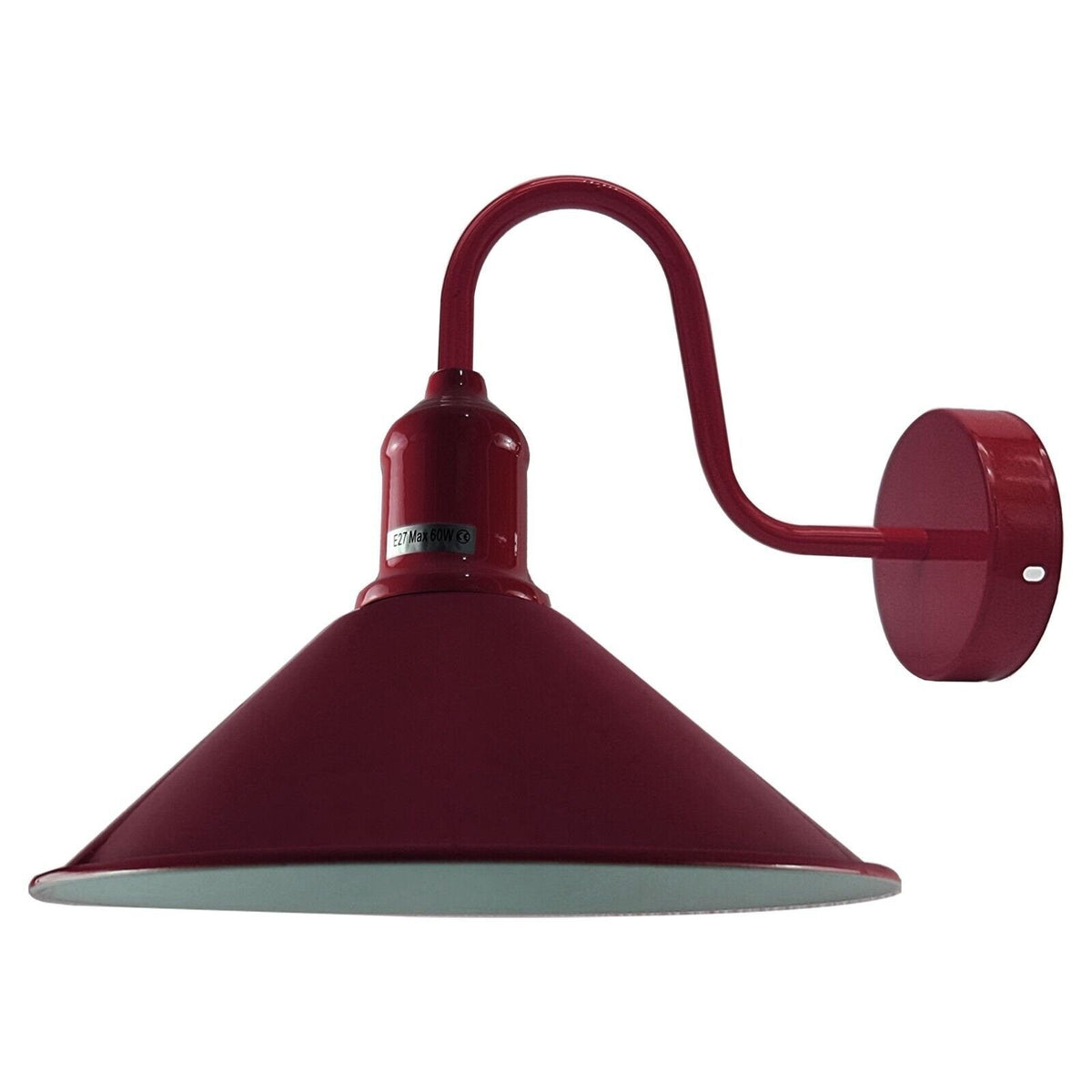 Curved Swan Neck Wall Light with Shade – 9 Colours, E27 - Burgundy, Flat Cone 22 cm Burgundy, Without Bulb