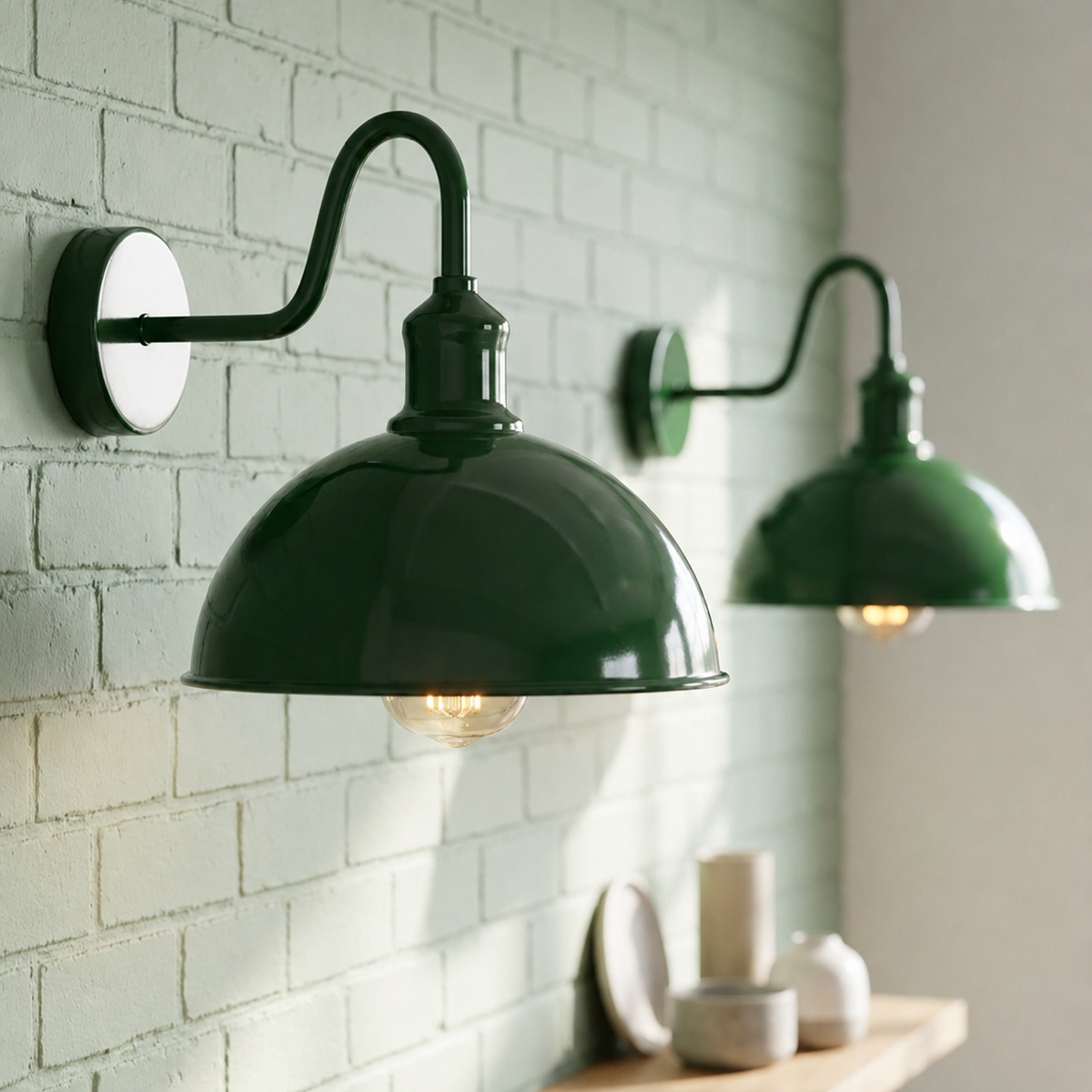 Curved Swan Neck Wall Light with Shade – 9 Colours, E27 - Green, Dome 21 cm Green, Without Bulb