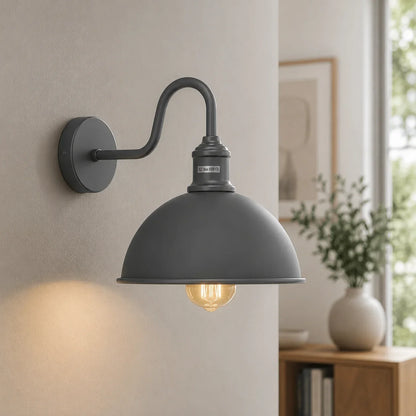 Curved Swan Neck Wall Light with Shade – 9 Colours, E27 - Grey, Dome 21 cm Grey, Without Bulb