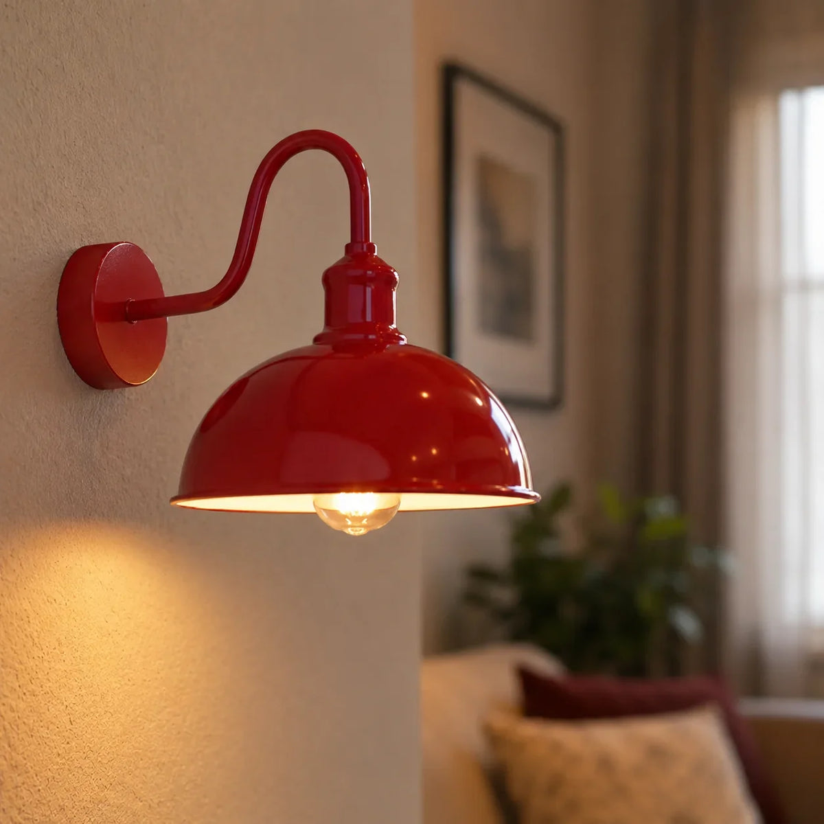 Curved Swan Neck Wall Light with Shade – 9 Colours, E27 - Red, Dome 21 cm Red, Without Bulb