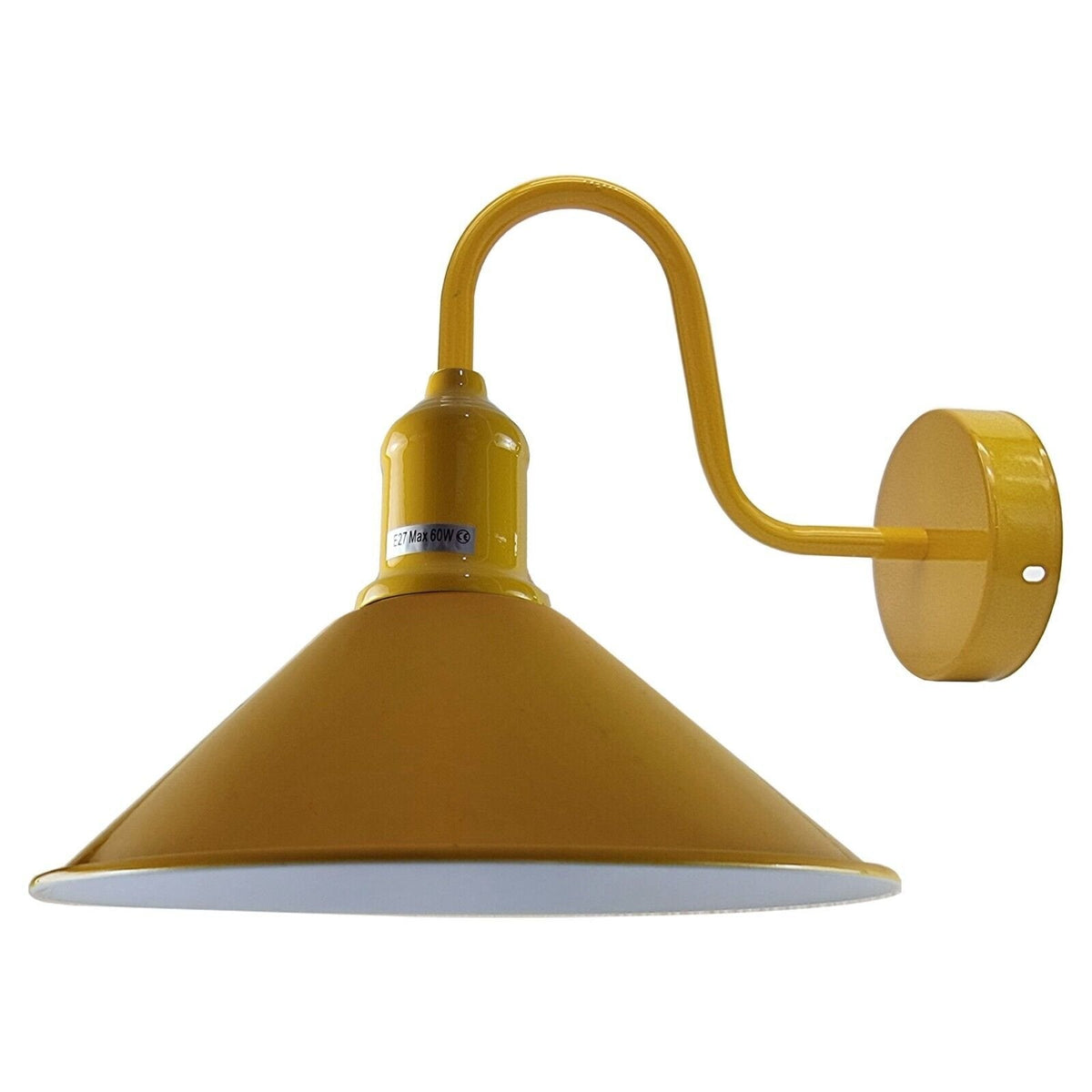 Curved Swan Neck Wall Light with Shade – 9 Colours, E27 - Yellow, Flat Cone 22 cm Yellow, Without Bulb