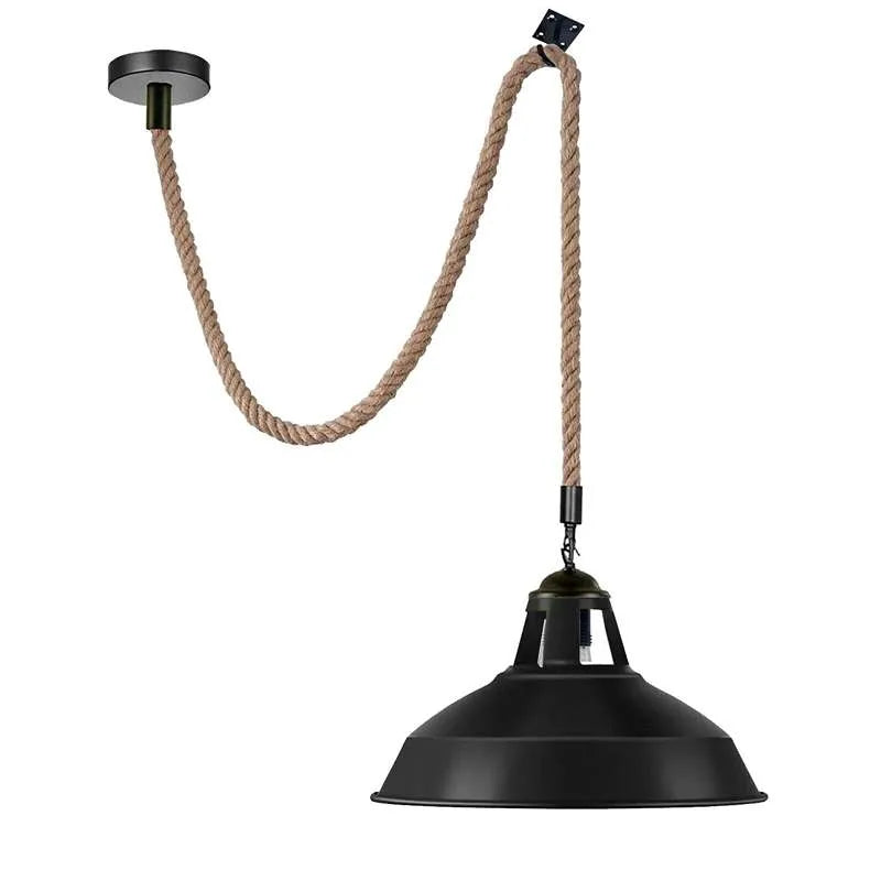2 m Hemp Rope Pendant Light – Barn, Dome, Curvy or Hemp Shades - Black, Barn Slotted 30 cm Black Hook, Without Bulb