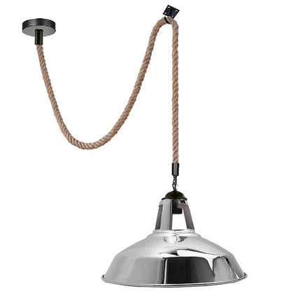 2 m Hemp Rope Pendant Light – Barn, Dome, Curvy or Hemp Shades - Black, Barn Slotted 30 cm Chrome, Without Bulb