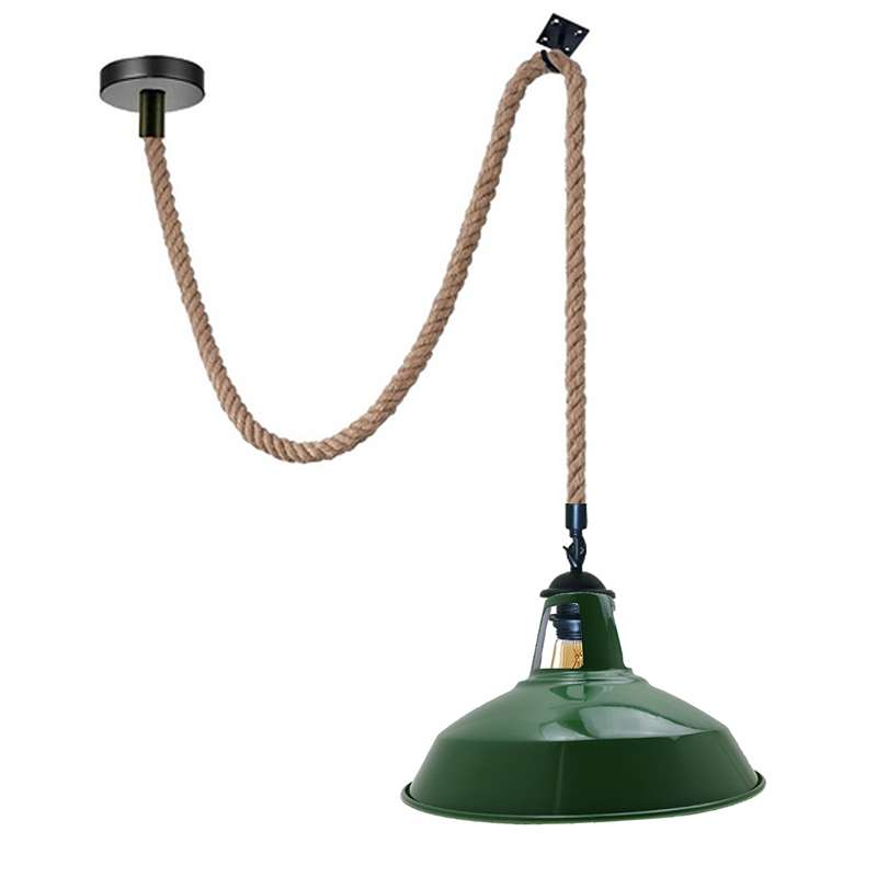 2 m Hemp Rope Pendant Light – Barn, Dome, Curvy or Hemp Shades - Black, Barn Slotted 30 cm Green Hook, Without Bulb
