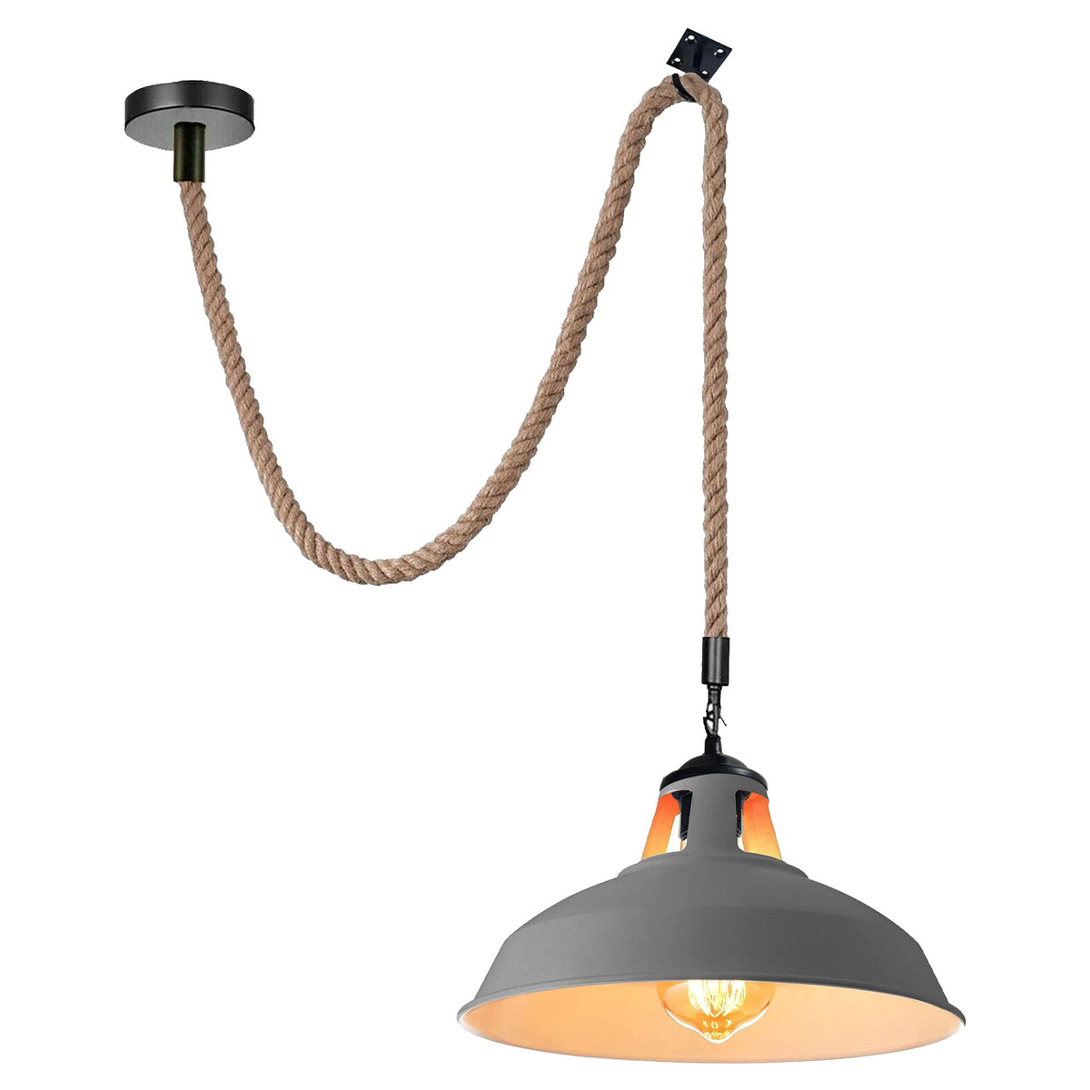 2 m Hemp Rope Pendant Light – Barn, Dome, Curvy or Hemp Shades - Black, Barn Slotted 30 cm Grey Hook, Without Bulb