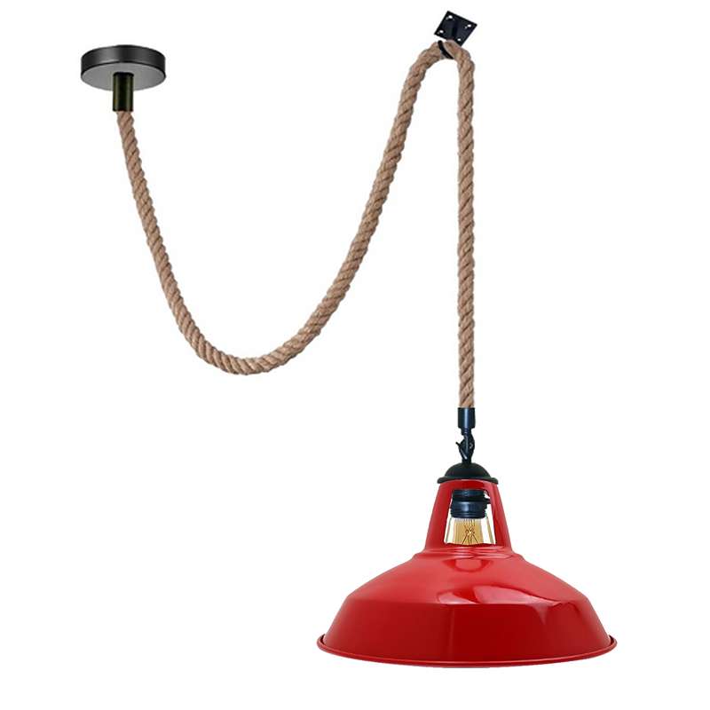 2 m Hemp Rope Pendant Light – Barn, Dome, Curvy or Hemp Shades - Black, Barn Slotted 30 cm Red Hook, Without Bulb