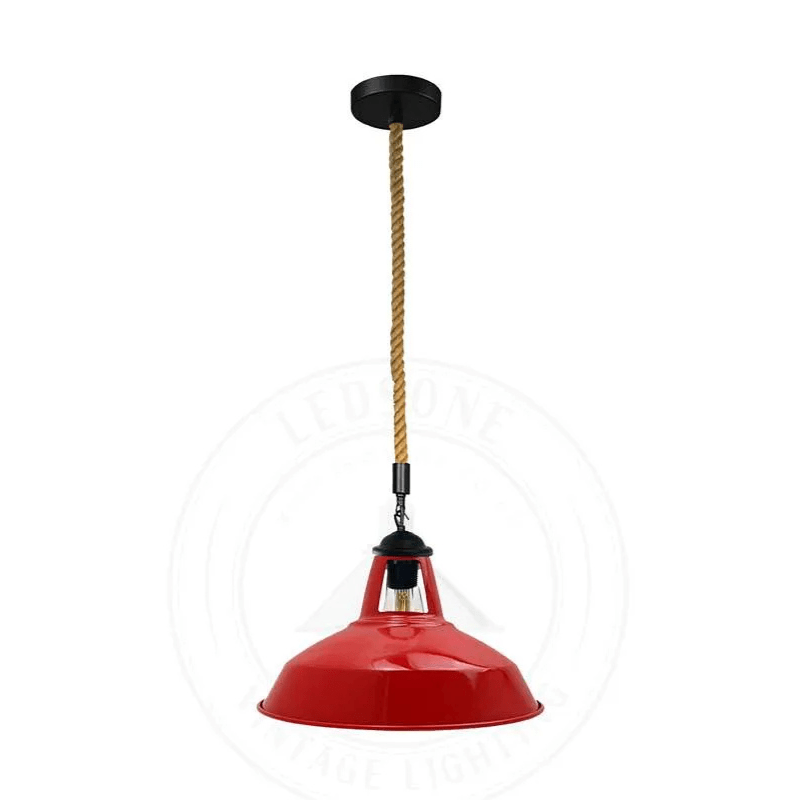 2 m Hemp Rope Pendant Light – Barn, Dome, Curvy or Hemp Shades - Black, Barn Slotted 30 cm Red, Without Bulb