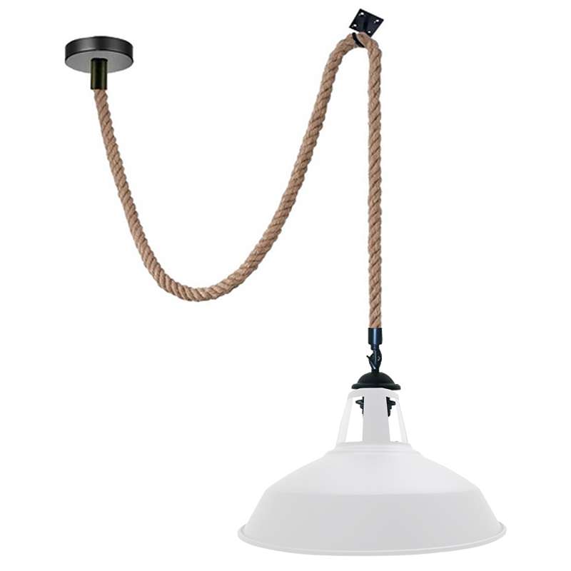 2 m Hemp Rope Pendant Light – Barn, Dome, Curvy or Hemp Shades - Black, Barn Slotted 30 cm White Hook, Without Bulb