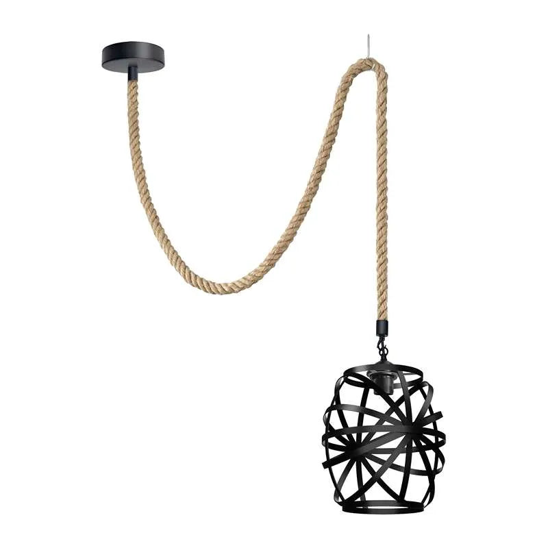 2 m Hemp Rope Pendant Light – Barn, Dome, Curvy or Hemp Shades - Black, Cage Black, Without Bulb