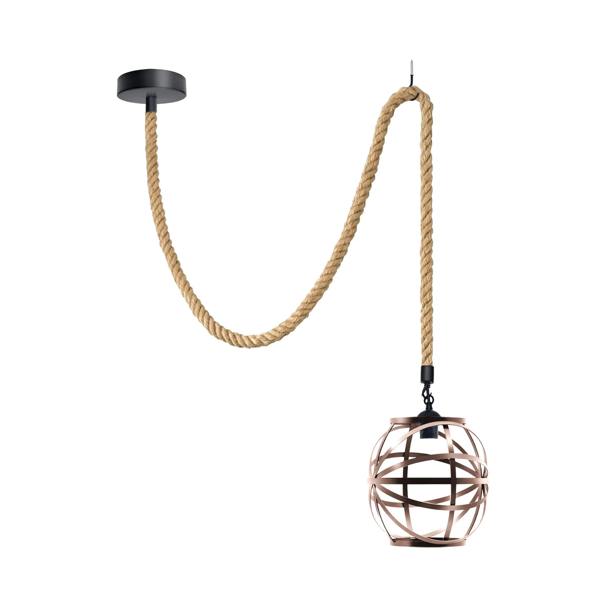 2 m Hemp Rope Pendant Light – Barn, Dome, Curvy or Hemp Shades - Black, Cage Copper, Without Bulb