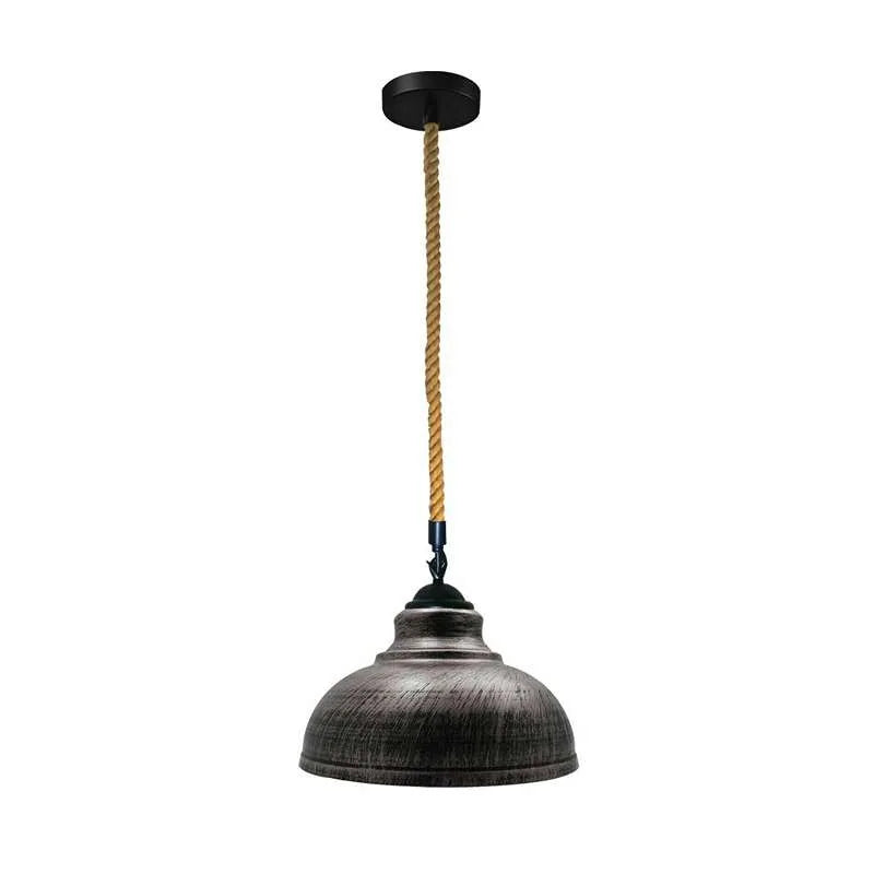 2 m Hemp Rope Pendant Light – Barn, Dome, Curvy or Hemp Shades - Black, Curvy 29 cm Brushed Silver, Without Bulb