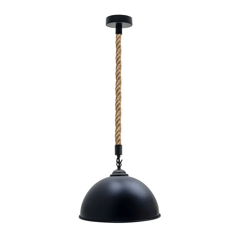 2 m Hemp Rope Pendant Light – Barn, Dome, Curvy or Hemp Shades - Black, Dome 30 cm Black & White Inner, Without Bulb