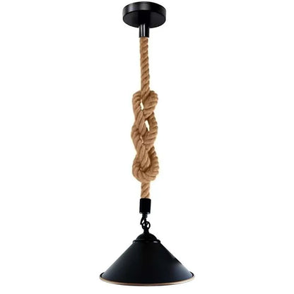 2 m Hemp Rope Pendant Light – Barn, Dome, Curvy or Hemp Shades - Black, Flat Cone 22 cm Black & Gold Line, Without Bulb