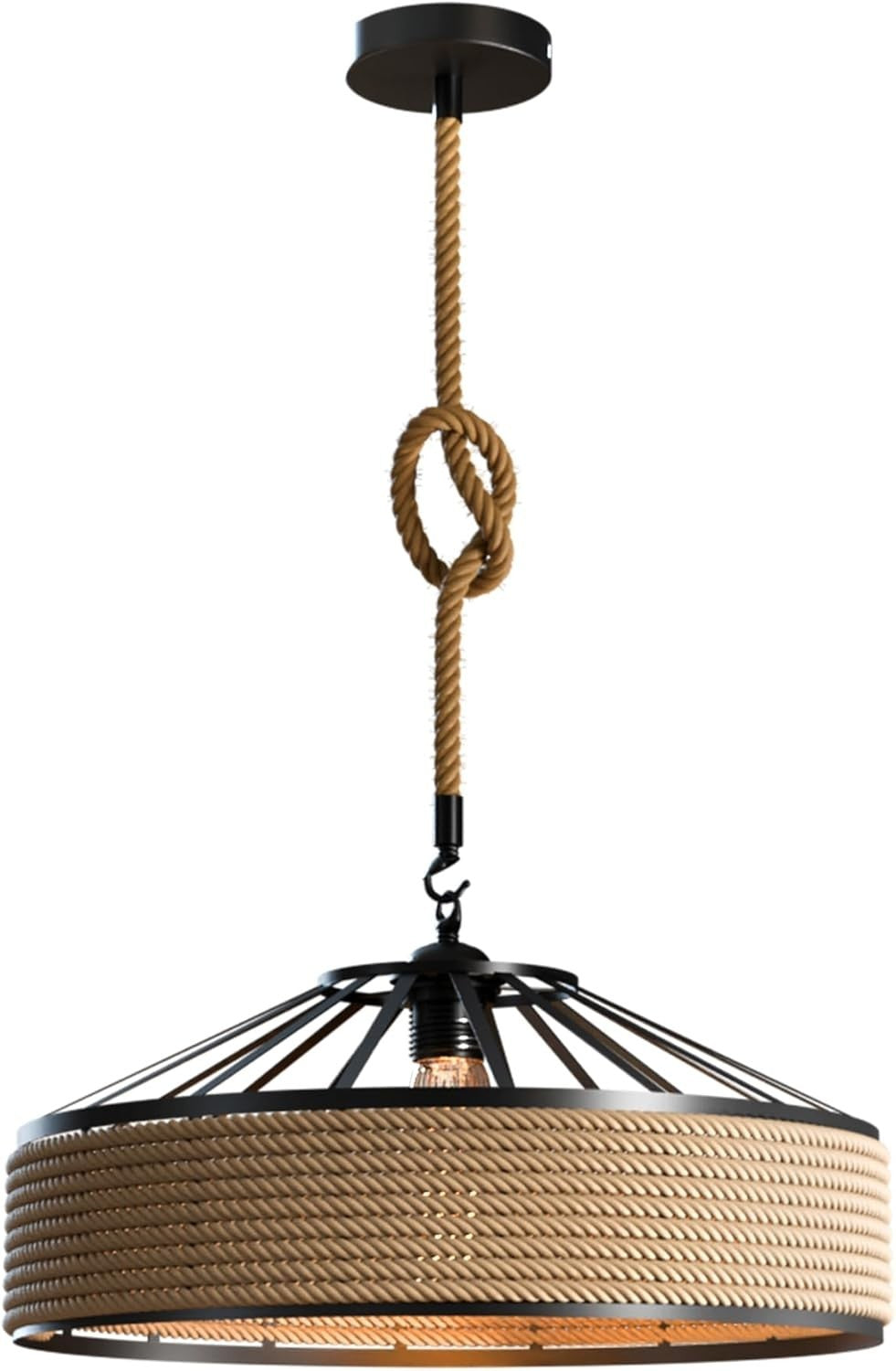 2 m Hemp Rope Pendant Light – Barn, Dome, Curvy or Hemp Shades - Black, Hemp 40 cm Hemp, Without Bulb