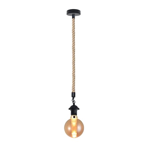 2 m Hemp Rope Pendant Light – Barn, Dome, Curvy or Hemp Shades - Black, No Shade, EDG125 LED Bulb 3W