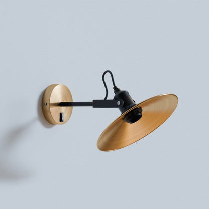 Swivel Arm Wall Light Holder – Black, E27, with or without Shade - Black, Flat Cone 22 cm Yellow Brass, Without Bulb