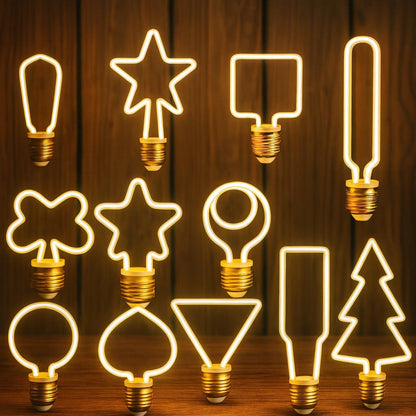 Decorative LED Filament Bulbs E27 – Heart, Star, Spiral, Christmas Tree & More - Set of 12 Shapes, Single, 4W & 8W