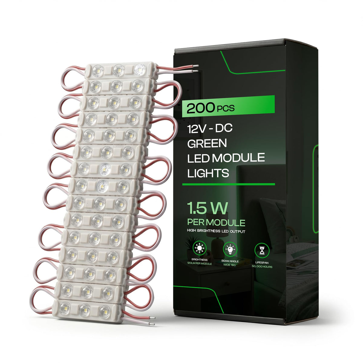 12V LED Sign Modules, Pack of 200 – Cool White, Green, Yellow & RGB - Green