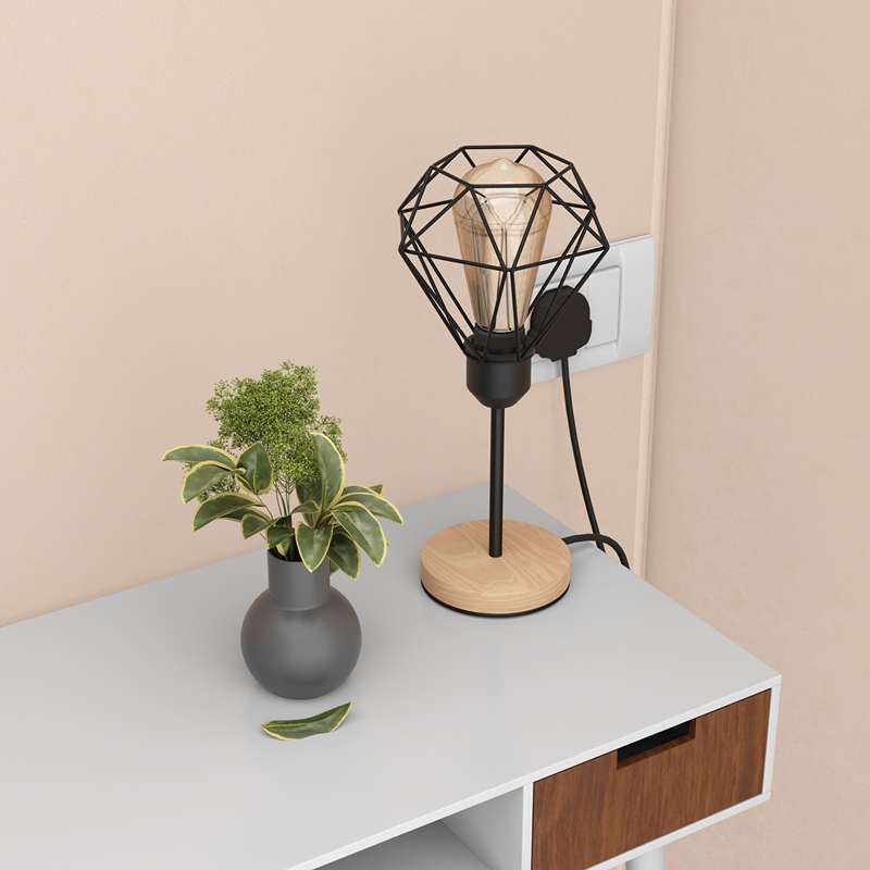 Diamond Cage Table Lamp with Wooden Base E27